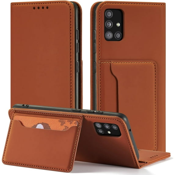 Luxury Comfortable Skin-Friendly PU Phone Case with Wallet and Card Slot Bracket, for Samsung Galaxy A33 A52 S A53 A72 A73 4G 5G Shockproof Full-Body Protective Cover(Brown,A52S)