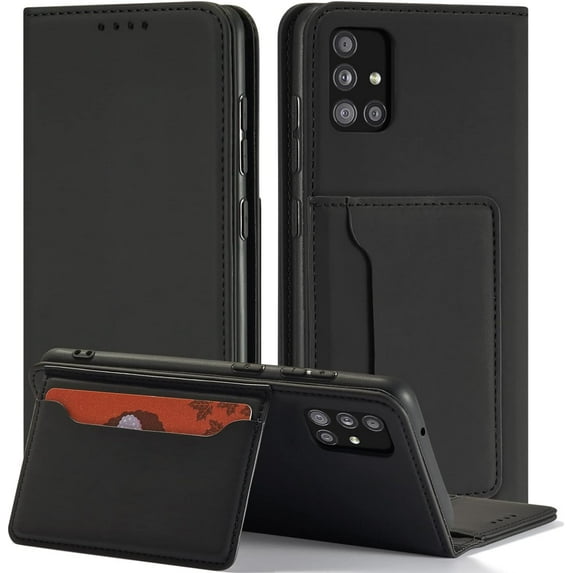 Luxury Comfortable Skin-Friendly PU Phone Case with Wallet and Card Slot Bracket, for Samsung Galaxy S23 S22 S21 S20 S10 Ultra Plus FE Shockproof Full-Body Protective Cover(Black,S22 Ultra)