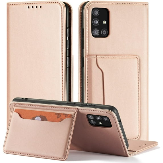 Luxury Comfortable Skin-Friendly PU Phone Case with Wallet and Card Slot Bracket, for Samsung Galaxy S23 S22 S21 S20 S10 Ultra Plus FE Shockproof Full-Body Protective Cover(Rose Gold,S21 FE)