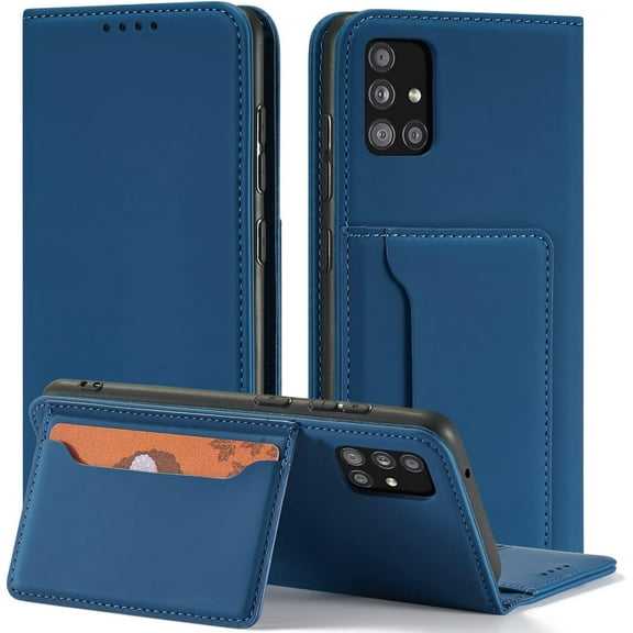 Luxury Comfortable Skin-Friendly PU Phone Case with Wallet and Card Slot Bracket, for Samsung Galaxy S23 S22 S21 S20 S10 Ultra Plus FE Shockproof Full-Body Protective Cover(Blue,S20 FE)