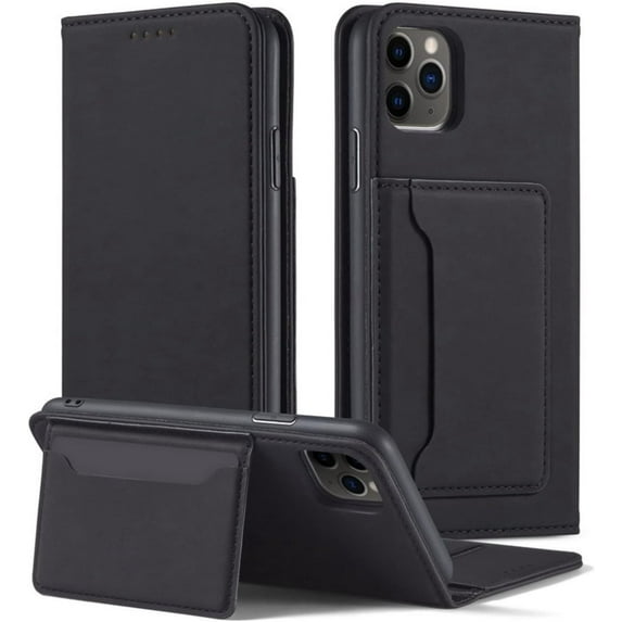 Luxury Comfortable Skin-Friendly PU Phone Case with Wallet and Card Slot Bracket, for iPhone 14 13 12 11 8 7 X XS XR Plus Pro Max Mini Shockproof Full-Body Protective Cover(Black,13 Mini)