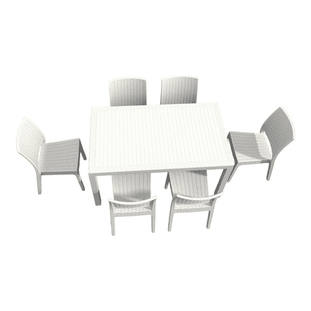 Luxury Commercial Living 7 Piece White Outdoor Patio Wickerlook Dining Set 55"