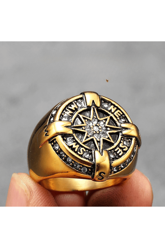 Luxury Compass Rhinestone Men Rings 14K Yellow Gold Women Jewelry Viking Punk Rock Cool Stuff Fashion Accessories Gift