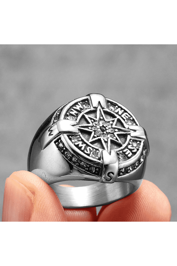 Luxury Compass Rhinestone Men Rings 14K Yellow Gold Women Jewelry Viking Punk Rock Cool Stuff Fashion Accessories Gift