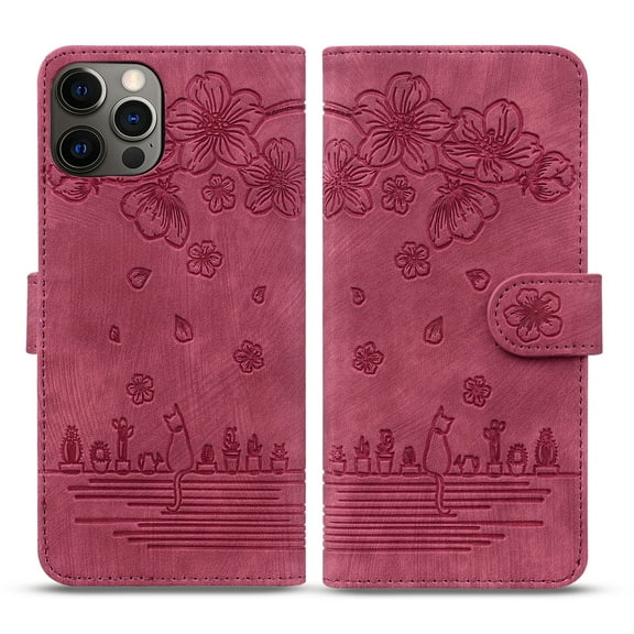 Luxury Compatible For iPhone 13 Pro Max Cute Pattern Embossed PU Leather Flip Wallet Case with Wrist Strap,Shockproof Flexible Stand and 360 Protection Cover.For iPhone 13 Pro Max,Red