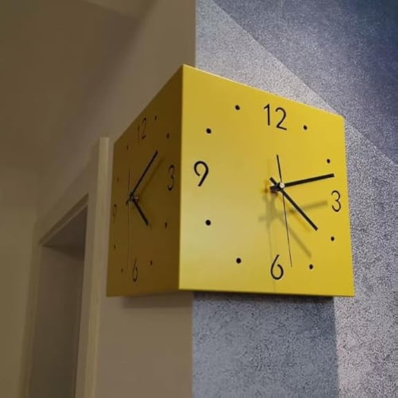 Luxury Corner Wall Clocks for Living Room Decor, Double Sided Wall Clock with Light, Square Digital Sensor Luminous Clock with Numeral Scale Battery Operated Silent Wall Clock for Bedroom(Yellow-Basi