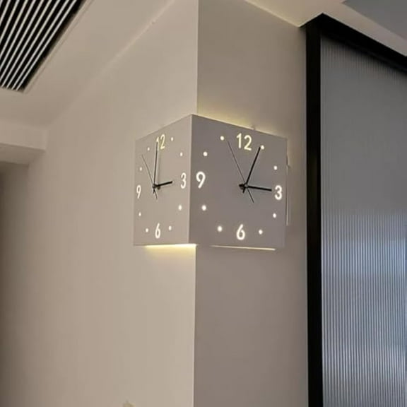 Luxury Corner Wall Clocks for Living Room Decor, Double Sided Wall Clock with Light, Square Digital Sensor Luminous Clock with Numeral Scale Battery Operated Silent Wall Clock for Bedroom(White+light