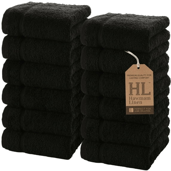 Luxury Cotton Washcloths 13x13 Inch - Large Hotel Spa Bathroom Face Towel | 12 Pack | Black