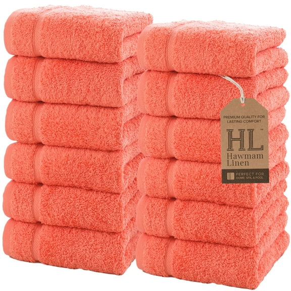 Luxury Cotton Washcloths 13x13 Inch - Large Hotel Spa Bathroom Face Towel | 12 Pack | Coral Orange