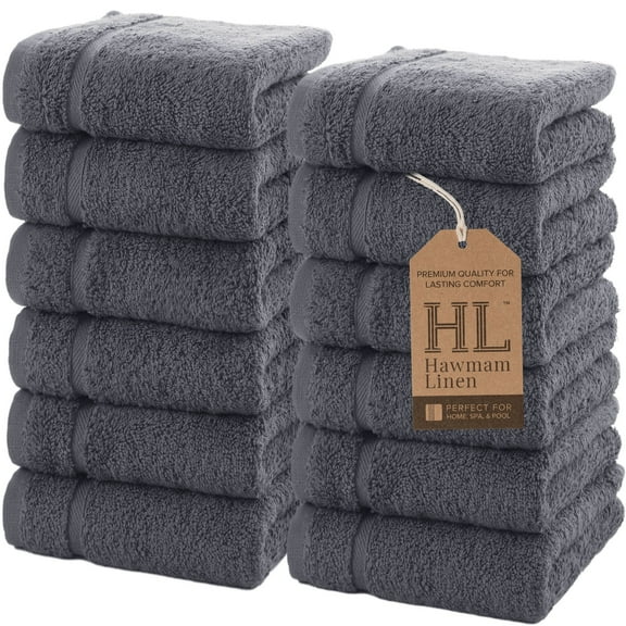 Luxury Cotton Washcloths 13x13 Inch - Large Hotel Spa Bathroom Face Towel | 12 Pack | Grey