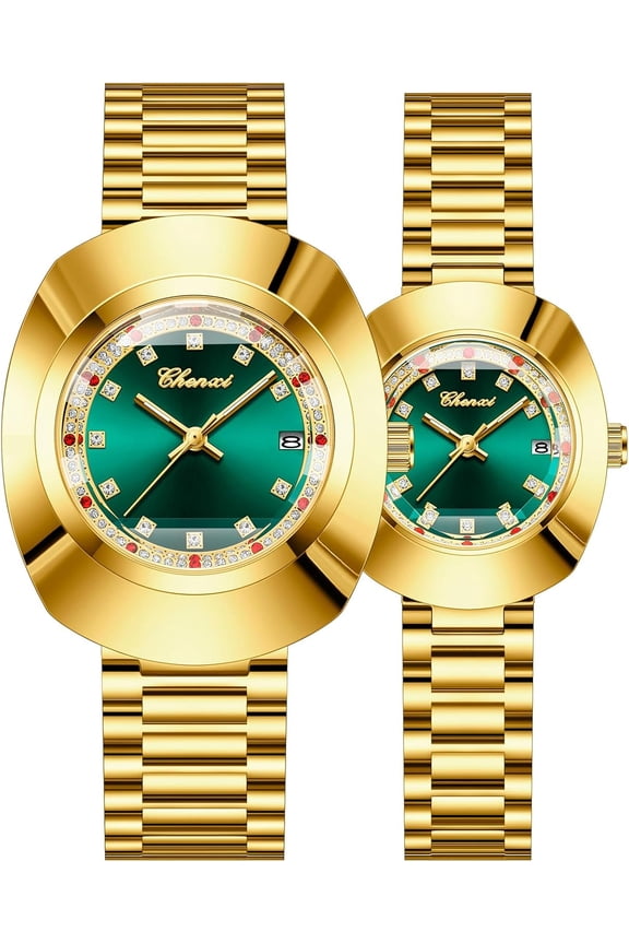 Luxury Couple Watches for Men Women Stainless Steel Dress Quartz Watch Set Waterproof His and Hers Analog Wrist Watches with Diamond Dial, Date Display, Luminous Hands