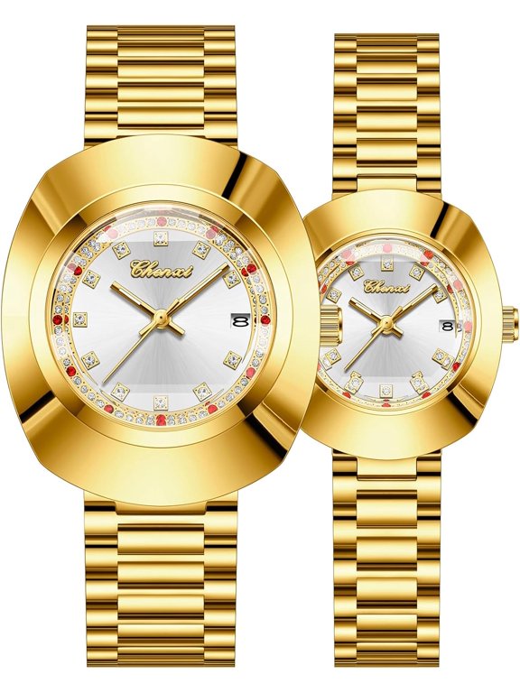 Luxury Couple Watches for Men Women Stainless Steel Dress Quartz Watch Set Waterproof His and Hers Analog Wrist Watches with Diamond Dial, Date Display, Luminous Hands