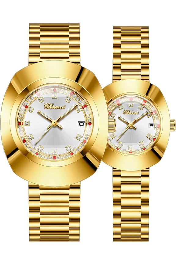 Luxury Couple Watches for Men Women Stainless Steel Dress Quartz Watch Set Waterproof His and Hers Analog Wrist Watches with Diamond Dial, Date Display, Luminous Hands