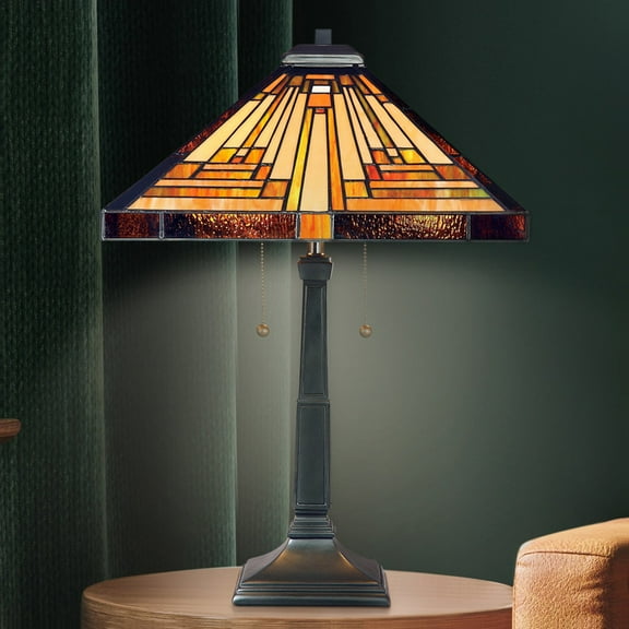 Luxury Craftsman Tiffany Table Lamp, Large Size: 23''H x 16''W, with Mediterranean Style Elements, Vintage Bronze Finish, UQL7180 from the Waltham Collection by Urban Ambiance