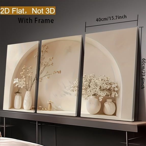 Luxury Cream Arch Floral 3-Piece Canvas Decor for Living Room Wall Art