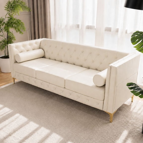 Luxury Cream White Faux Leather 78.5 Inch 3 Seater Sofa Couch with Gold Legs