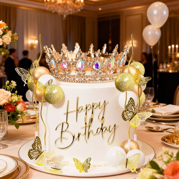 Luxury Crown Cake Decorations Set - Royal Gold Butterfly Ball Birthday Wedding Party Topper