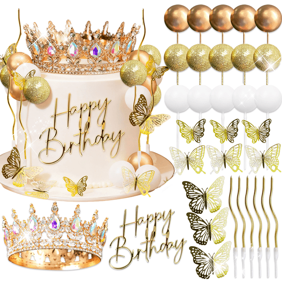 Luxury Crown Cake Decorations Set - Royal Gold Butterfly Ball Birthday Wedding Party Topper