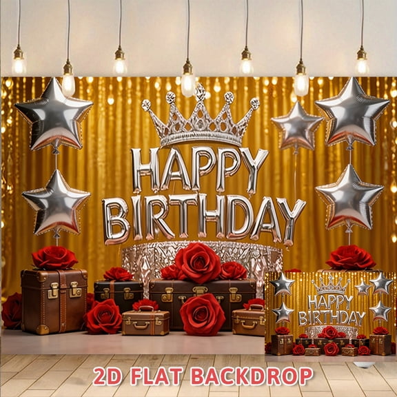 Luxury Crown Happy Birthday Backdrop, Golden Glittery Curtain Style Photo Background, Perfect for Adult Birthday Parties, Anniversary Events, Banquet Photo Booth Decorations