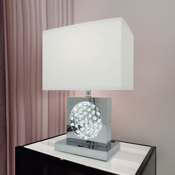Luxury Crystal Accent Table Lamp, Nickel Finish, LED Touch Lamp with Rectangular Shade, Chrome Color Finish