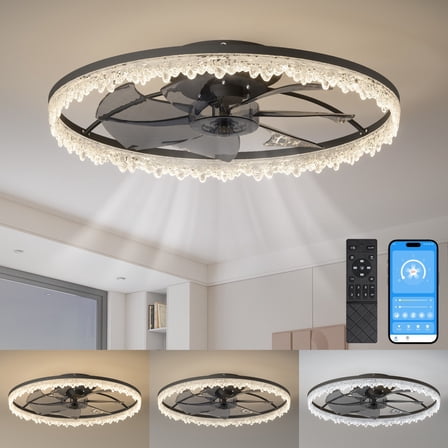 Luxury Crystal Ceiling Fan with Lights – 24‘‘ Flush Mount LED Chandelier Fan with 5 Invisible Blades  Remote & Timer  Bright Dimmable Lighting for Bedroom  Living Room  Dining Room