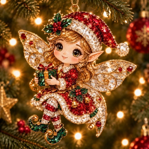 Luxury Crystal Christmas Ornament, Gold Christmas Ornaments Detailed Elf Tree Decoration with Red Iridescent Accents, Christmas Decorations for Indoor Holiday Display, Gold Decorations for Party