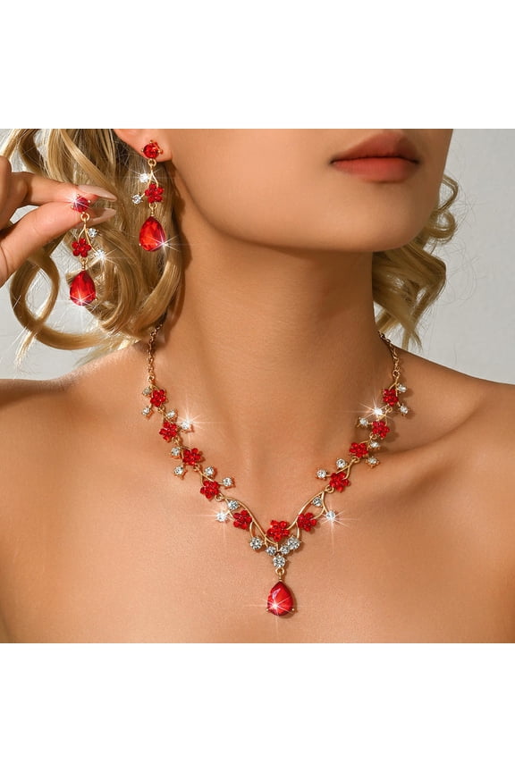 Luxury Crystal Flower Teardrop Necklace Earrings Set for Women Wedding Bridal Jewelry Set Prom Party Accessories