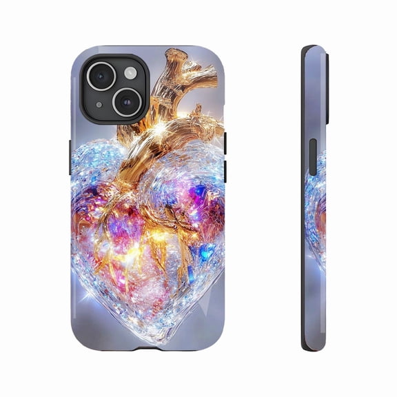 Luxury Crystal Heart Design iPhone Case for Elegant Users with Golden Accents, Durable Shockproof Clear Case Compatible with iPhone 11/12/13/14/15/16 (Pro Max/Plus)