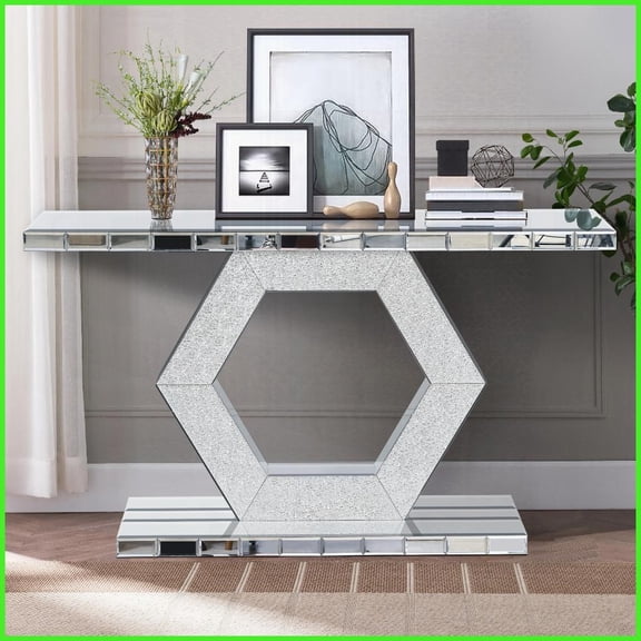 Luxury Crystal Hexagon Mirrored Coffee Table for Hallway Living Room, Diamond Sparkle & Dual-Tier Storage