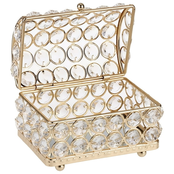 Luxury Crystal Jewelry Box, European-Style Storage Case with Handle, Gold Shell, Crystal Beads, Mirror Interior, Great for Jewelry and Small Items Storage, 5.12 x 3.15 x 3.54 in / 13 x 8 x 9 cm