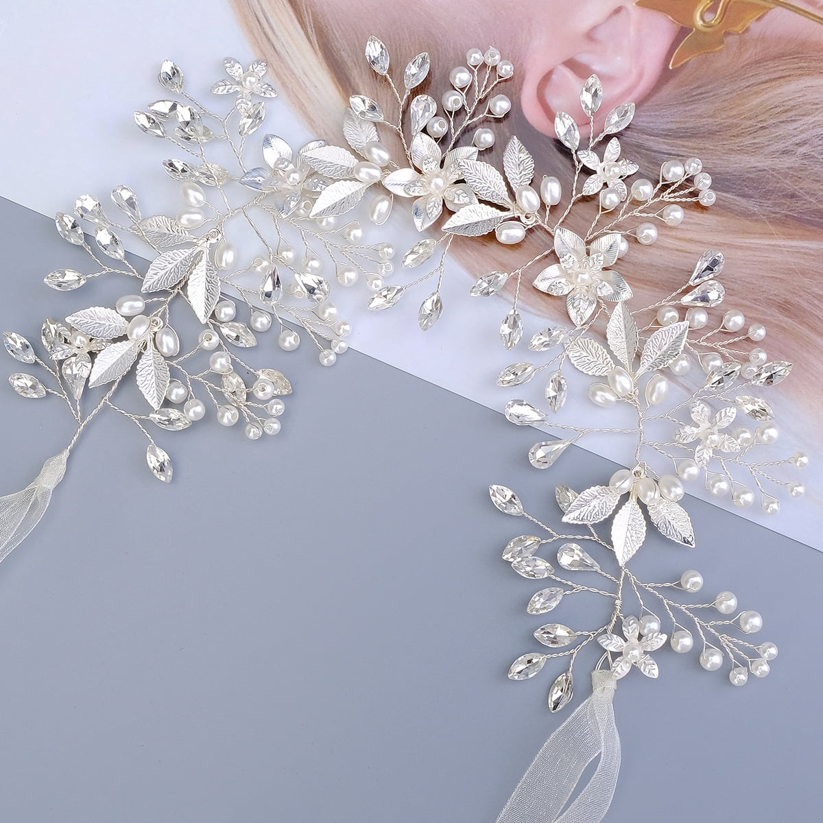 Gold Crystal Pearl Flower Hair Vine Bridal Wedding Headband Vine Accessory Whimsical pearl bridal headband - Pearl burst and silk  main image 2