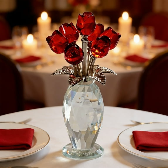 Luxury Crystal Rose Bouquet Display - Valentine's Day Keepsake Gift with Faceted Vase - Elegant Home and Office Decoration with Everlasting Beauty