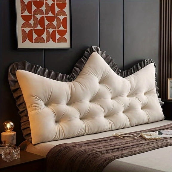 Luxury Crystal Velvet Plush Bed Rest Pillow with Zipper, Extra Large Back Cushion for King/Queen Bed & Sofa, Ruffled Design in Beige/White/Gray/Black, Machine Washable