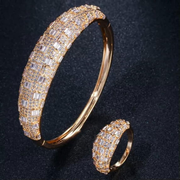 Luxury Cubic Zirconia Rose Gold Plated Women Bangle Bracelet Ring Set
