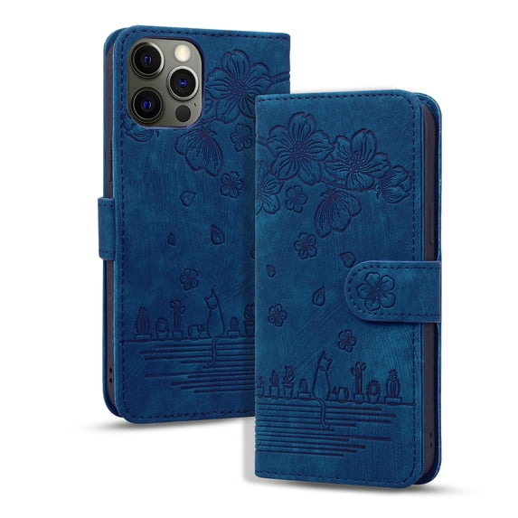 Luxury Cute Pattern Embossed Case Compatible For iPhone 13 Pro PU Leather PU Leather with Wrist Strap,Shockproof Card Flip Wallet Stand Cover.For iPhone 13 Pro,Blue