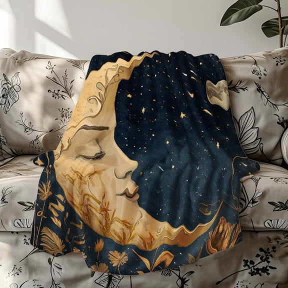 Luxury Dark Blue & Golden Flannel Blanket - All-Season Lightweight Bedspread with Crescent Moon Stars, Intricate Floral & Soundwave Embossing, Retro Navy Blue Throw for Bed Sofa Camping Decor Gift