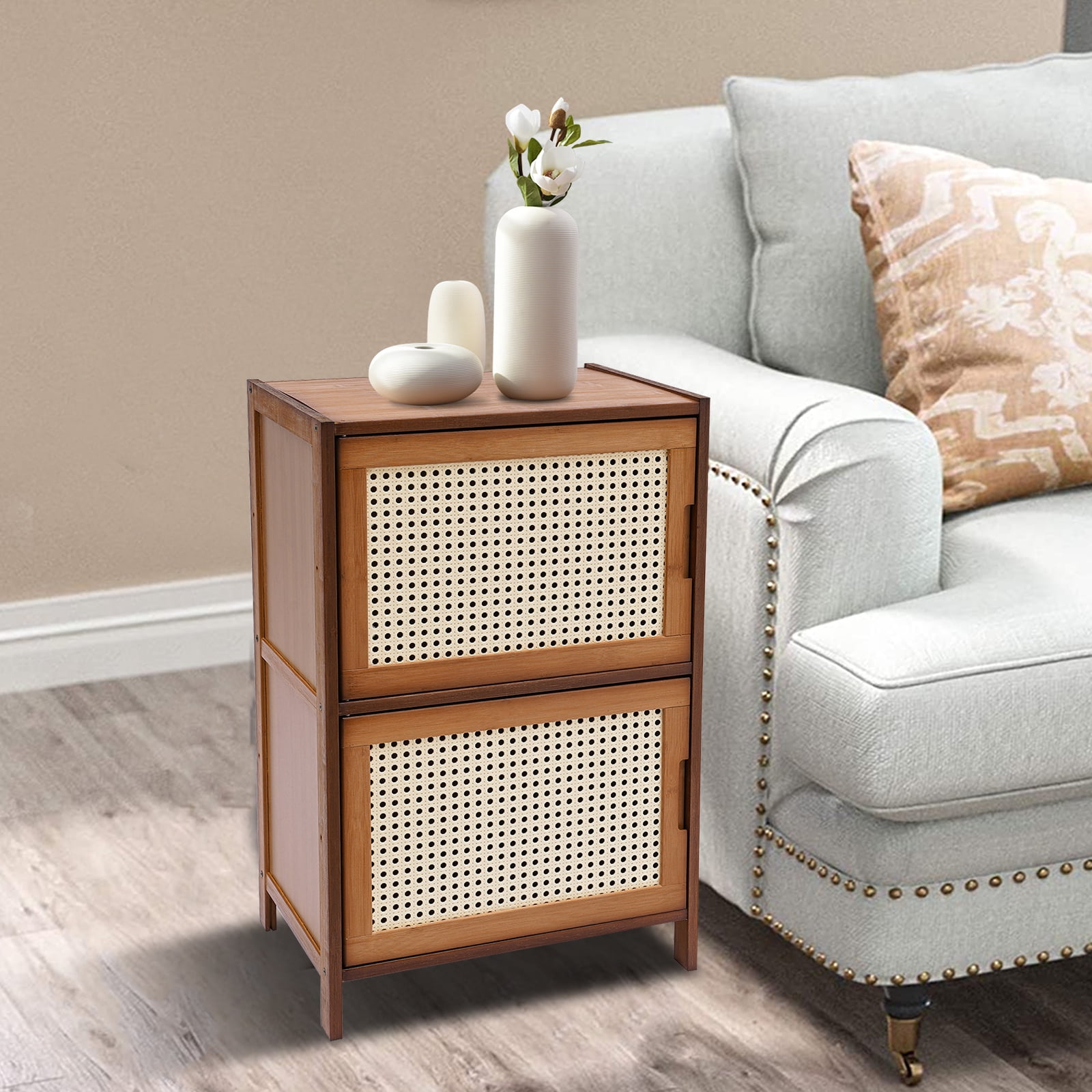 Luxury Dark Brown Bed Side Table Rattan Furniture Cabinet Nightstand ...