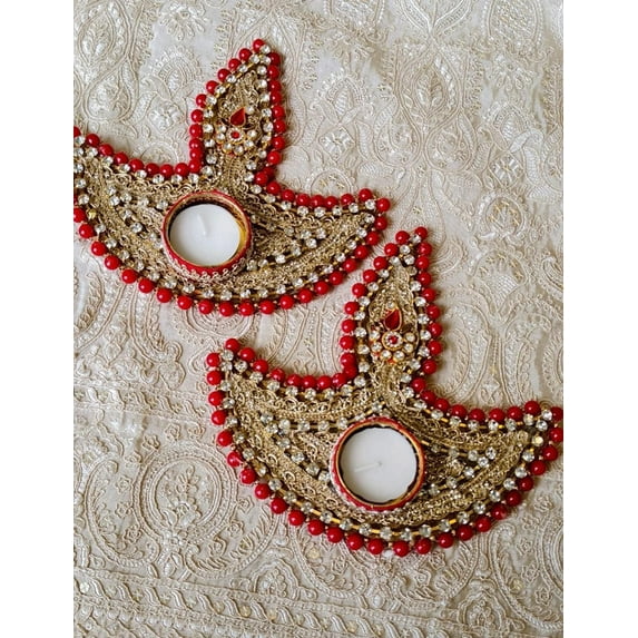 Luxury Decorative Tea Light Candle Holder Set – Traditional Diya Style with Beads & Stones for Home Décor, Festivals & Weddings (Set of 2) Red