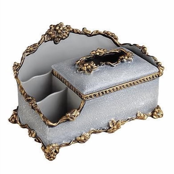 Luxury Decorative Tissue Box Cover with Remote Control Organizer, Elegant Gray with Antique Gold Trim