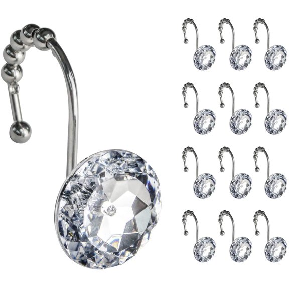 Luxury Design Round Clear Diamond Crystal Gem Bling with Glide Balls Shower Curtain Hooks, Rust Proof Metal Rhinestones Glam Shower Curtain Rings-12 Pack
