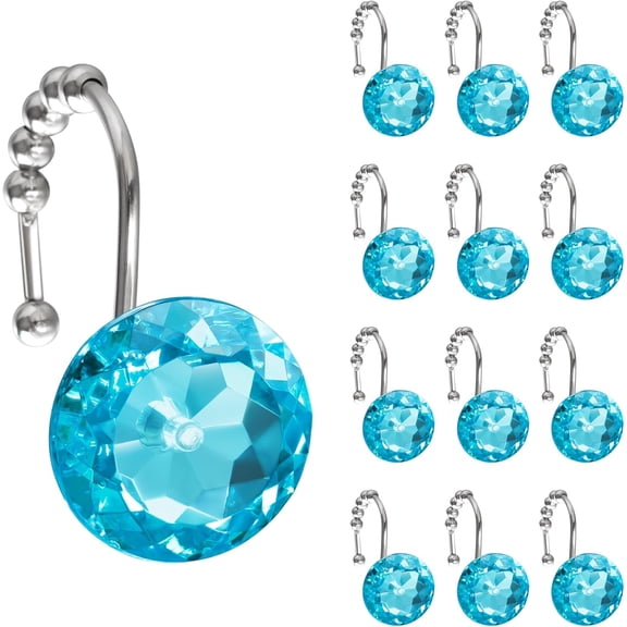 Luxury Design Round Teal Blue Diamond Crystal Gem Bling with Glide Balls Shower Curtain Hooks for Mermaid Shower Curtains, Rust Proof Metal Rhinestones Glam Shower Curtain Rings-12 Pack