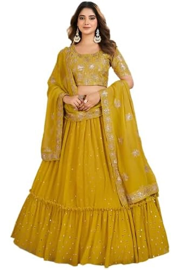 Luxury Designer Heavy Thread & Embroidered Lehenga Choli With Blouse For Women ( Yellow, M - 40 )
