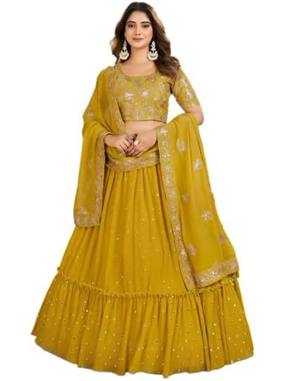 Luxury Designer Heavy Thread & Embroidered Lehenga Choli With Blouse For Women ( Yellow, XL - 44 )