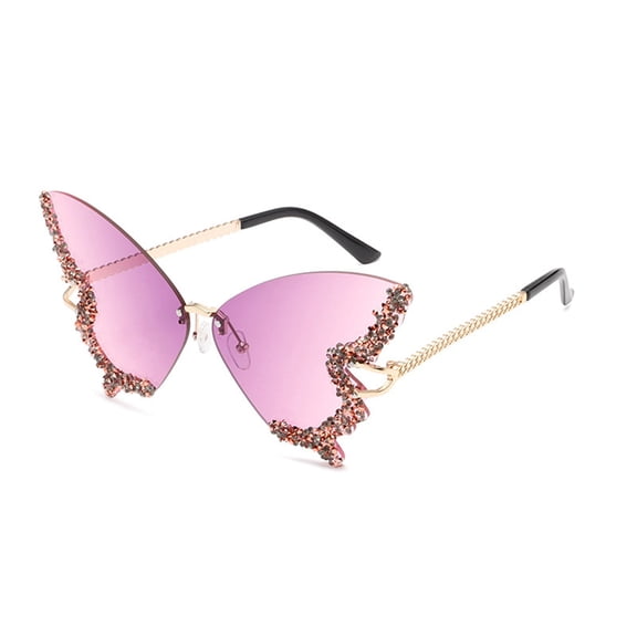 Luxury Diamond Butterfly Sunglasses Women Vintage Rimless Oversized Rhinestone bling Sun Glasses Ladies Y2K Eyewear Purple