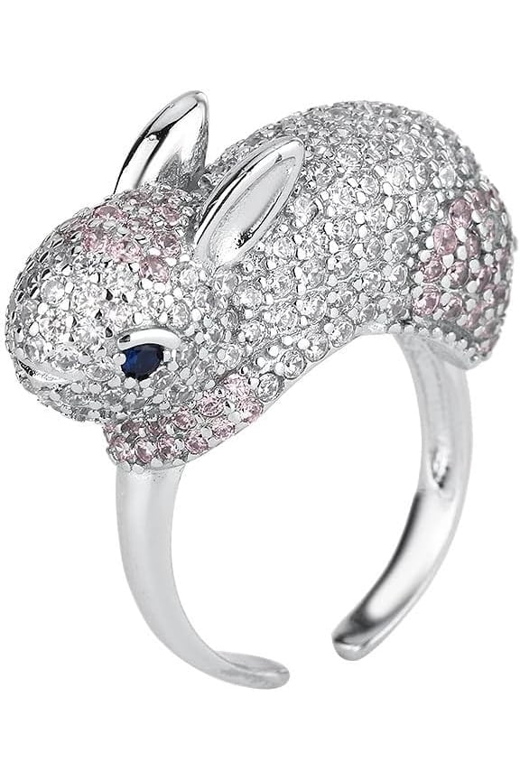 Luxury Diamond CZ Rabbit Ring For Women Exquisite Sparkling Pink Crystal Statement Stacking Animal Bunny Open Adjustable Expandable Rings Wrap Thumb Finger Band Comfort Fit Hypoallergenic Gift