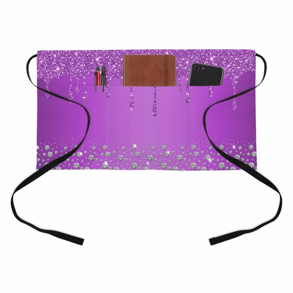 Luxury Diamond Half Waist Apron Shinning Purple Gradient Modern Art Short Waiter Aprons with 3 Pockets for Women Men Kitchen Restaurant Cooking