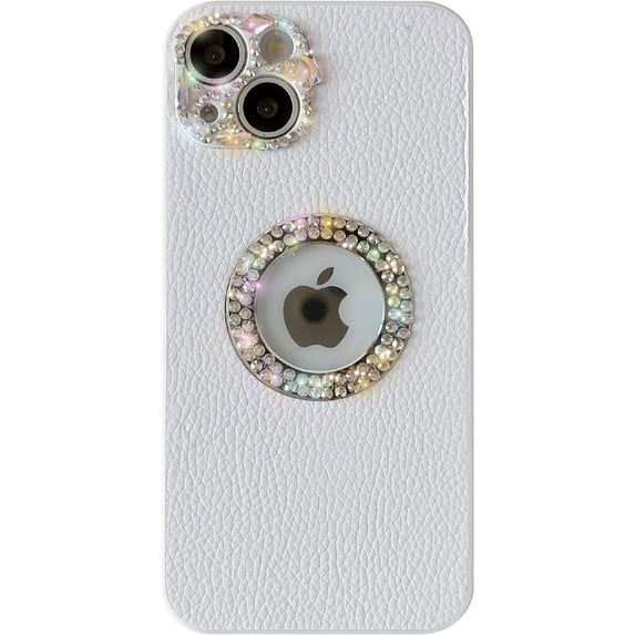 Luxury Diamond Logo Window Logo View Crystal Bling Glitter Leather Camera Lens Protection Soft iPhone Case for Women Girls (White,iPhone 13 Pro)