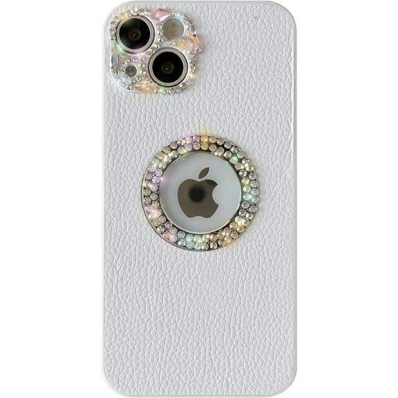 Luxury Diamond Logo Window Logo View Crystal Bling Glitter Leather Camera Lens Protection Soft iPhone Case for Women Girls (White,iPhone Xr)