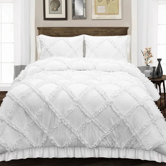 Luxury Diamond Ruffle Duvet Cover 5 Piece Set with Zipper, 400 Thread Count & 100% Egyptian Cotton, Luxury Design and Quilts Protector with Pillowcases - White Solid, Super King Plus Size.