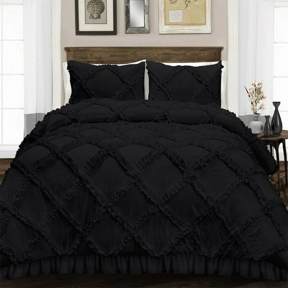 Luxury Diamond Ruffle Duvet Cover 5 Piece Set with Zipper, 400 Thread Count & 100% Egyptian Cotton, Luxury Design and Quilts Protector with Pillowcases - Black Solid, Oversized Size.